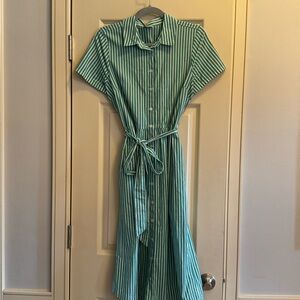 J. Crew Teal and White Striped Midi Shirt Dress